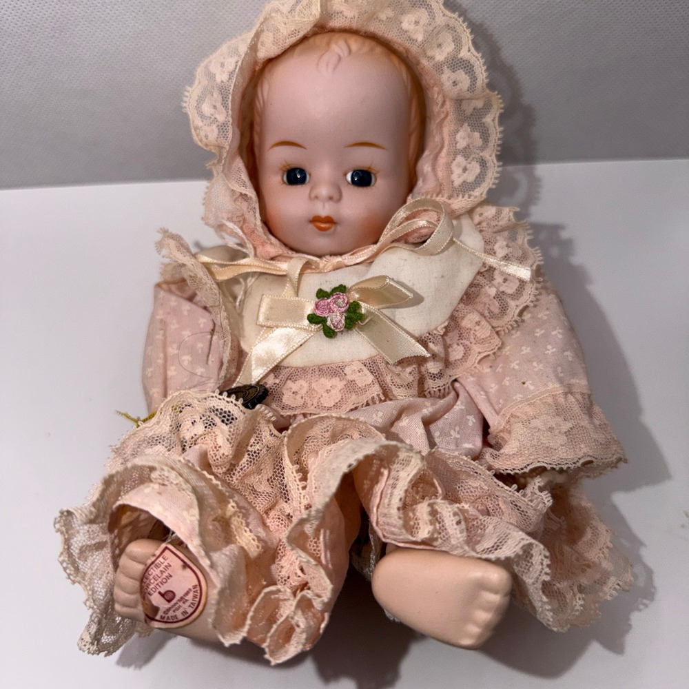Brinn's 1989 Porcelain Baby Doll 9" Pink Lace Victorian Cottagecore Collectible